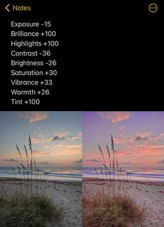 three different shots of the same beach at sunset, one with grass and another with sand