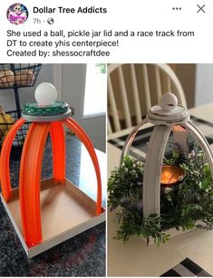 two pictures one with an orange lantern and the other with a green plant in it