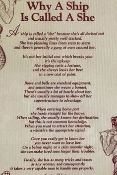 a poem written in ink with an image of a woman holding a baby and the words, why a ship is called a she