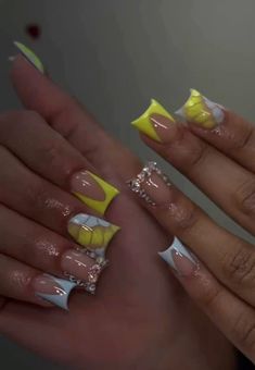 Short Duck Nails Spring, Croc Print Nails With Charms, Junk Duck Nails Short, Shorties Nails Square Spring, Colorful Duck Nails, Yellow Duck Nails, Yellow And White Nails, Short Freestyle Nails