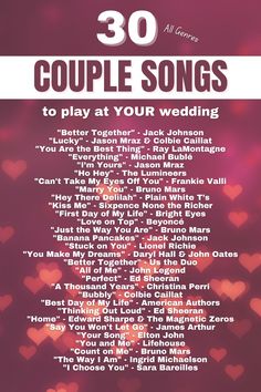 the poster for 30 couple songs to play at your wedding, with hearts in the background