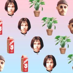 an image of some people with plants and sodas on their heads in front of a pink background