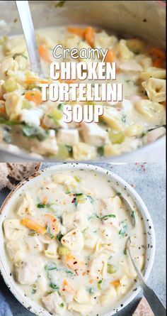 creamy chicken tortellini soup in a white bowl