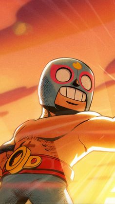 the animated character is wearing a red and yellow helmet with his arms out in front of him