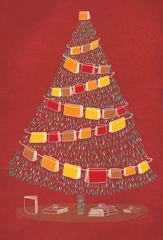 a drawing of a christmas tree with presents hanging from it's sides and on the ground