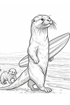 an otter is carrying a surfboard on the beach with two sea otters nearby