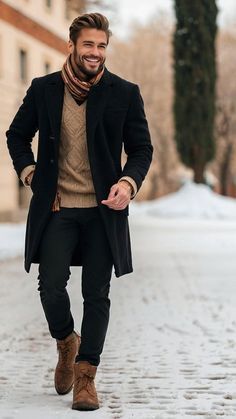 Mens Wear Casual Classy, Men’s Scarf Outfit, Overcoat Men Outfit Street Styles, Black Pea Coat Outfit, Winter Outfits Italy, Men Scarf Style, Stylish Black Outfits, Best Winter Outfits Men, Christmas Outfits For Men