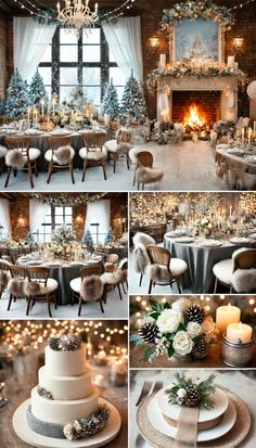 a collage of photos showing different tables and chairs with christmas decorations on the table