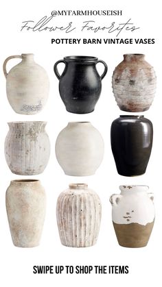 a bunch of vases that are sitting in front of the words pottery from vintage stores