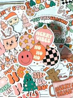 merry vibe stickers are shown on top of a pile of other holiday themed stickers