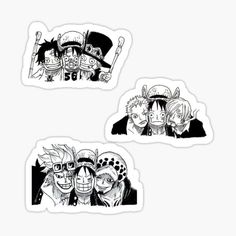 three anime stickers with the faces of one piece and two other characters in black and white