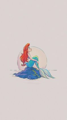 the little mermaid is sitting on top of a rock and looking up at the sky