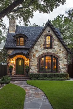 a stone house with green grass and trees in the front yard at dusk, surrounded by lush greenery