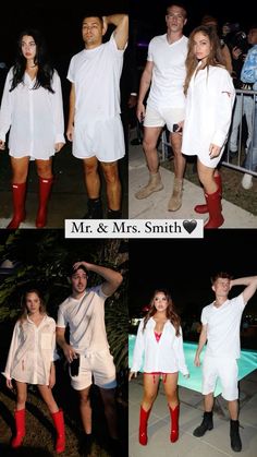 four pictures of people dressed in white and wearing red boots, posing for the camera