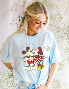 Sweet Vintage Love: Minnie Kissing Mickey Tee – Oopsie Daisy Crafts Cute Mickey Mouse Short Sleeve T-shirt, Minnie Mouse Graphic Tee Short Sleeve, Cute Mickey Mouse Cotton T-shirt, Vintage T-shirt With Graphic Print For Disney Fan Events, Retro Mickey Mouse Short Sleeve Tops, Retro T-shirt With Cartoon Print For Disney Fans, Minnie Kissing Mickey, Daisy Crafts, Oopsie Daisy