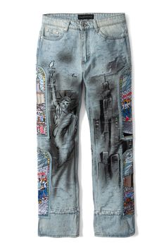 HIT DENIM – WHO DECIDES WAR Hand Painted Denim Jeans For Streetwear, Hand Painted Straight Leg Cotton Jeans, Artistic Straight Leg Denim Jeans, Mens Trendy Outfits, Spray Paint Art, Stained Glass Windows, Glass Window, Trendy Outfits, Stained Glass