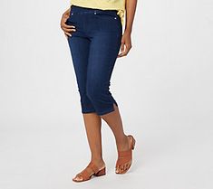 These Primabelle denim pull-on capris hold the key to an effortlessly cute-and-comfy OOTD. From Belle by Kim Gravel. Stretch Knee-length Cropped Denim Jeans, Dark Wash Stretch Cropped Jeans For Summer, Stretch Dark Wash Cropped Jeans For Summer, Denim Blue Knee-length Cropped Jeans For Spring, Summer Stretch Cropped Jeans In Dark Wash, Stretch Medium Wash Cropped Capris, Stretch Medium Wash Cropped Capri Jeans, Stretch Medium Wash Cropped Leg Capris, Stretch Medium Wash Capris With Cropped Leg