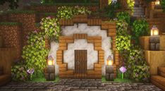 the entrance to a small house in minecraft with plants and flowers around it,