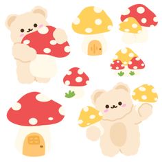 a group of teddy bears standing next to mushrooms