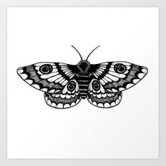 a black and white moth art print