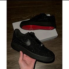 Black Glitter Red Bottom Af1s Brand New, Never Worn Or Tried On And Comes In Original Box. Customized By Wavycreations.Com. Retails For $233. Size 6.5y Jessi Outfits, Red Bottoms Sneakers, Red Bottoms Shoes, Quinceanera Shoes, Black Air Force 1, Red Quinceanera Dresses, Red Bottom Shoes, Black Nike Shoes, Quince Ideas