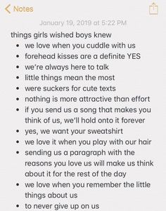 the text on this page reads,'things girls wish boys knew we love when you cuddle with us