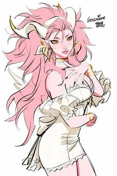 a drawing of a woman with pink hair and horns on her head, in white dress