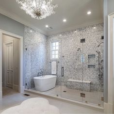 a bathroom with a tub, shower and chandelier hanging from the ceiling in it