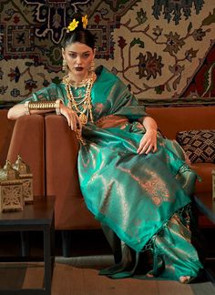 Buy Indian Saree - HATKAY Reception Saree, Handloom Weaving, Lehenga Choli Online, Weaving Designs, Ethnic Sarees, Green Saree, Blue Saree, Art Silk Sarees, Soft Silk Sarees