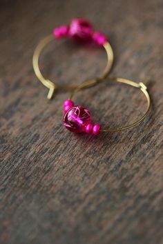 Lovely and unique boho earrings with bright hot pink glass seed beads, 8 mm bright pink glass beads and gold tone stainless steel round hoop earrings. Earring hooks are from nickel free and lead free metal. Perfect jewelry for everyday wear or a great gift for someone special! Diameter of hoops is 25 mm Other earrings of my shop you can see here: https://www.etsy.com/shop/NaTavelli?section_id=13757927  Thanks for visit. Earrings Trendy, Summer Earrings, Color Beads, Beads Earrings, Summer Earring, Earrings Pink, Earrings Unique, Fuchsia Color, Beaded Hoop Earrings