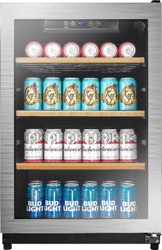 an image of a beverage cooler with many cans