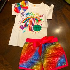 New With Tags 4th Birthday Girl Outfit Size 4 Year White Shirt Sleeve Tshirt With Colorful Accents Rainbow Bedazzled Clip On Bow Pink Elastic Waist Shorts With Rainbow Accent On Front Cute Birthday Party Attire! Sparkly Shorts, Old Outfits, Birthday Girl Outfit, Elastic Waist Shorts, Shirt Sleeves, White Shirt, Short Sets, Accent Colors, Pink White