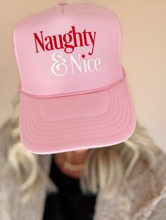 All those who are equal parts naughty and nice, this one is for you! We're in love with our newest hat! Naughty & Nice is printed in red and white on this foam trucker hat. The hat is a pink foam trucker hat with a mesh back, and it has as an adjustable snapback enclosure. The perfect trucker hat for all you who love some holiday cheer! Made in USA Pink Foam Trucker hat with mesh back Snapback design ensures perfect fit Vintage Soul, Holiday Cheer, Trucker Hat, Red And White, In Love, Perfect Fit, Mesh, Hats, Red