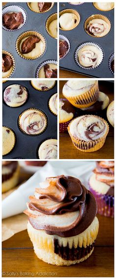 cupcakes with chocolate frosting and swirled icing on top are shown in four different pictures