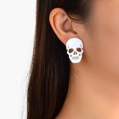 This Unique Pair Is A Wonderful Addition To Your Wardrobe And Your Style; Sure To Get Lots Of Compliments! Great For Halloween Or Anytime! Gsun0h50200hvqx White Gothic Skull Jewelry, White Skull Jewelry For Halloween, White Skull-shaped Halloween Jewelry, Halloween Skull Jewelry In White, Halloween White Skull Jewelry, White Skull Print Jewelry, Large Stud Earrings, Skeleton Skull, Skull Design