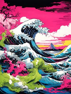 an image of the great wave in pink, blue and green colors with white clouds