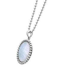 Mother of pearl gemstone pendant framed by sterling silver Caviar beading finished on a sterling silver ball chain necklace. Silver Pearl Jewelry With Ball Chain, Elegant White Jewelry With Ball Chain, Elegant White Ball Chain Necklace, Elegant Silver Necklace With Ball Chain, Silver Necklace With Oval Pearl Charm Pendant, Sterling Silver Beaded Pearl Necklace, Silver Oval Pearl Drop Necklace, Sterling Silver Oval Pearl Drop Necklace, Silver Necklace With Oval Pearl Pendant