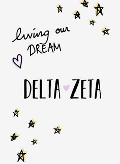 the words delta zeia are written in black and gold stars on a white background