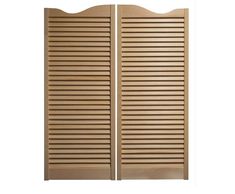 two wooden shutters with wavy slats on the top and bottom, one in light brown