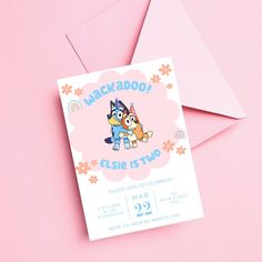 a pink card with a cartoon character on it