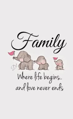 an elephant family with the words,'family where life begins and love never ends '