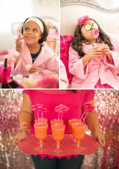 a collage of photos with drinks in glasses and food on the table at a birthday party