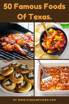 some food that is on top of a grill with the words 50 famous foods of texas