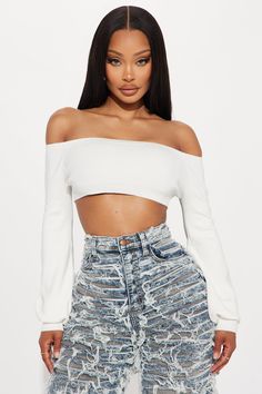 Available In Ivory And Black. Pullover Sweater Long Sleeve Balloon Sleeve Off Shoulder Cropped Ribbed Hem 80% Rayon 20% Nylon Imported | Lissy Off Shoulder Sweater in Ivory size XL by Fashion Nova Crop Top Sweater Outfit, Men Jeans Pants, Black Pullover Sweater, Jumpsuit Men, Black Pullover, Off Shoulder Sweater, Crop Top Sweater, Sweater Long Sleeve, Matching Dresses