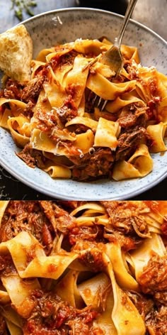 two pictures of pasta with meat and sauce in a bowl