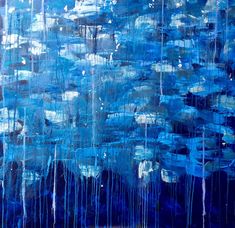 an abstract painting with blue and white paint dripping from the top, on a dark background