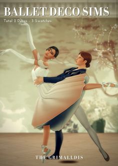 an advertisement for ballet company called ballet deco sims, featuring two women in white dresses