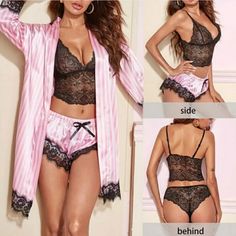 You’ll Look Sweet And Sexy In This 4 Pc. Pink And Black Satin Feel, With Lace. Set Includes A Belted Robe, Lingerie Top & Matching Shorts Pjs. Size Xl See Pics For Measurements. Pink Short Bedtime Sets, Fitted Pink Pajama Shorts For Pajama Party, Pink Lace Trim Pajama Party Sets, Pink Lace Trim Sets For Pajama Party, Pink Stretch Sleepwear For Night, Pink Lace Trim Sets For Loungewear, Black Lace Lingerie, Satin Sleepwear, Silk Sleepwear