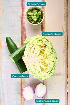 an overhead view of some vegetables on a wooden table with the names in english and french