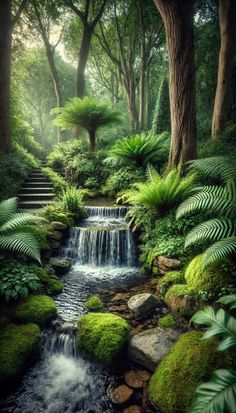 a stream running through a lush green forest